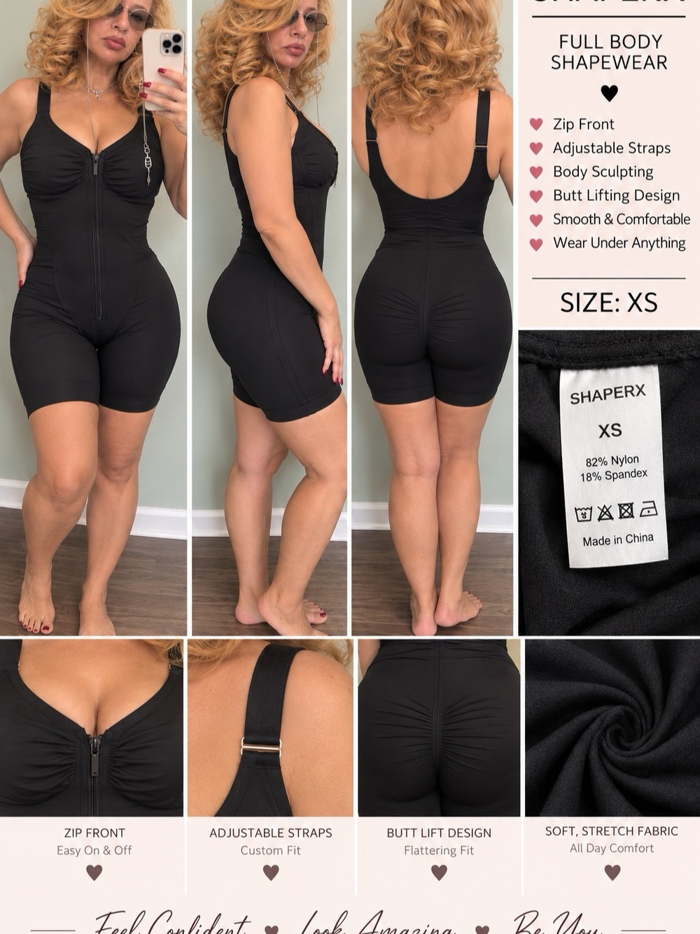 ShaperX Black Full-Body Shapewear Bodysuit โ XS
